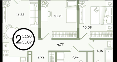 2-к. квартира, 55&nbsp;м²