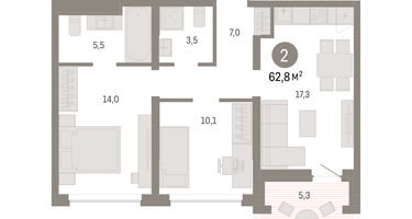 2-к. квартира, 62 м²