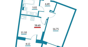 1-к. квартира, 38&nbsp;м²