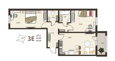 2-к. квартира, 64 м²