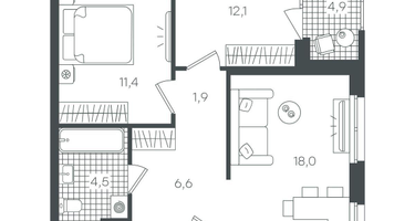 2-к. квартира, 64 м²
