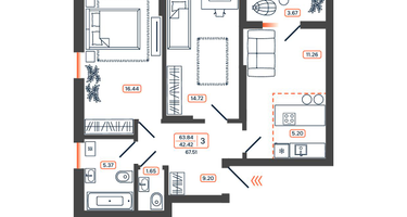3-к. квартира, 67&nbsp;м²