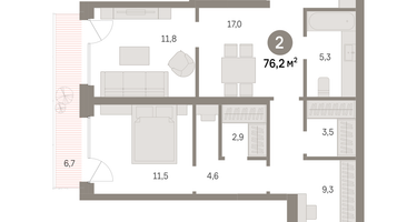 2-к. квартира, 76&nbsp;м²