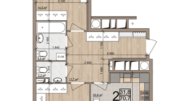 2-к. квартира, 73&nbsp;м²