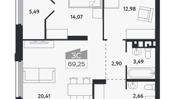 3-к. квартира, 69 м²