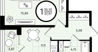 1-к. квартира, 37&nbsp;м²
