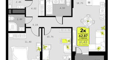 2-к. квартира, 62&nbsp;м²