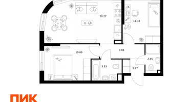 2-к. квартира, 54 м²