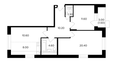 3-комнатная квартира, 68&nbsp;м²