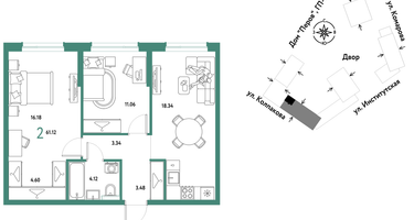 2-к. квартира, 61&nbsp;м²