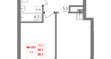 1-к. квартира, 38 м²