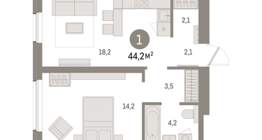 1-к. квартира, 44 м²