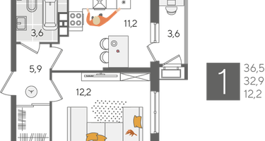 1-к. квартира, 36&nbsp;м²