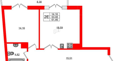 1-к. квартира, 61&nbsp;м²