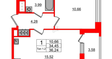 1-к. квартира, 34&nbsp;м²