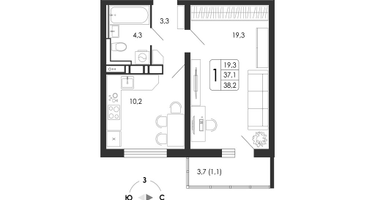 1-к. квартира, 38 м²