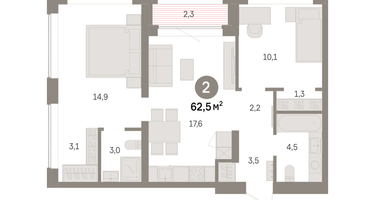 2-к. квартира, 62 м²
