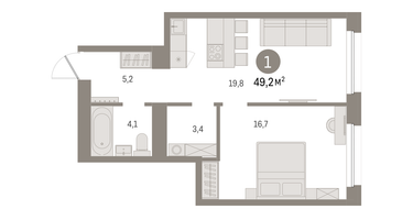 1-к. квартира, 49&nbsp;м²
