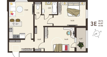 2-к. квартира, 67&nbsp;м²