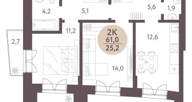 2-к. квартира, 61 м²