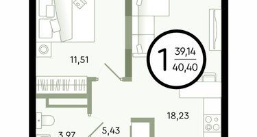 1-к. квартира, 40&nbsp;м²
