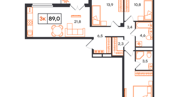 3-к. квартира, 89&nbsp;м²