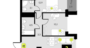 2-к. квартира, 57&nbsp;м²