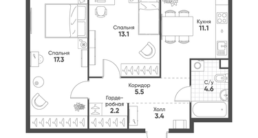 2-к. квартира, 57&nbsp;м²