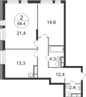 2-к. квартира, 68&nbsp;м²