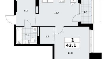 1-к. квартира, 42 м²