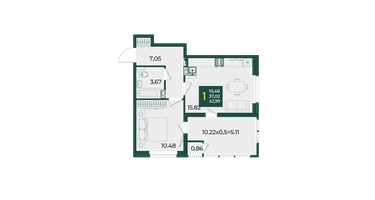 1-к. квартира, 42&nbsp;м²