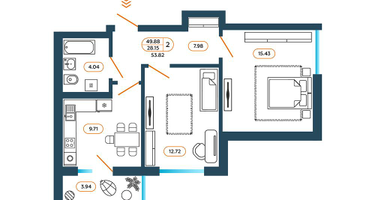 2-к. квартира, 53&nbsp;м²
