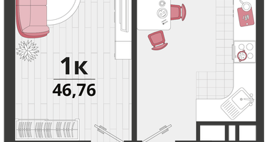 1-к. квартира, 46&nbsp;м²