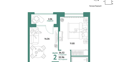 2-к. квартира, 36 м²