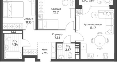 2-к. квартира, 61&nbsp;м²