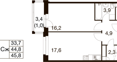 1-к. квартира, 44&nbsp;м²