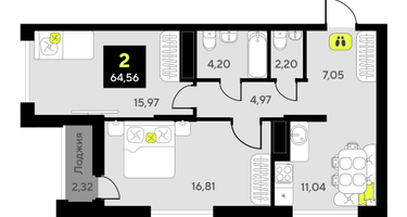 2-к. квартира, 64 м²