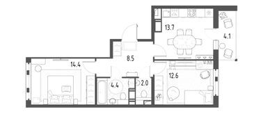 2-к. квартира, 57&nbsp;м²
