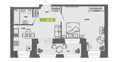 1-к. квартира, 45&nbsp;м²