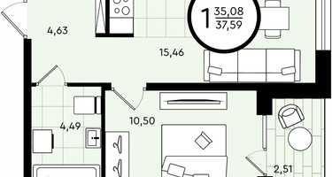 1-к. квартира, 37&nbsp;м²