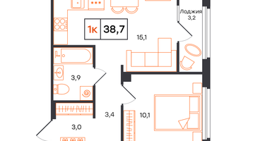 1-к. квартира, 38&nbsp;м²