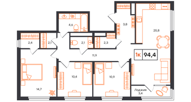 3-к. квартира, 94&nbsp;м²