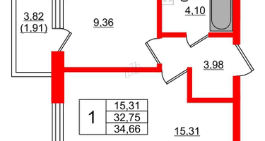 1-к. квартира, 32&nbsp;м²