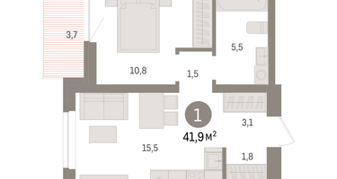 1-к. квартира, 41&nbsp;м²