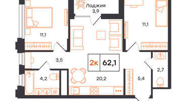 2-к. квартира, 62&nbsp;м²