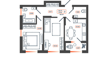 2-к. квартира, 58&nbsp;м²