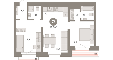 2-к. квартира, 56&nbsp;м²