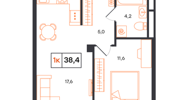 1-к. квартира, 38&nbsp;м²