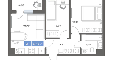 2-к. квартира, 57&nbsp;м²