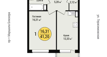 1-к. квартира, 41&nbsp;м²